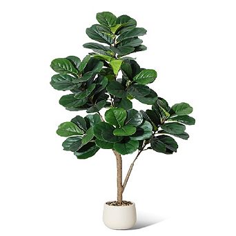 Faux Fiddle Leaf Fig Tree in White Pot - 7.8" Realistic Artificial Plant for Home Office Decor