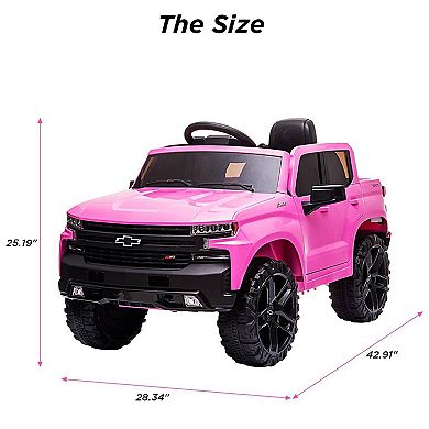 12V Kids Ride On Truck, Licensed Chevrolet Silverado Electric Car w/Remote, LED Lights, Suspension