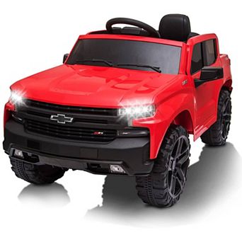 12V Kids Ride On Truck, Licensed Chevrolet Silverado Electric Car w/Remote, LED Lights, Suspension