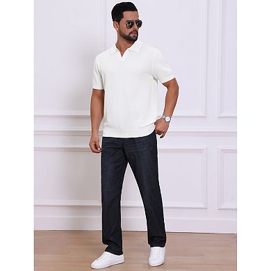 Men's Textured Knit Polo Shirt V Neck Short Sleeve Casual Golf Polo Shirt