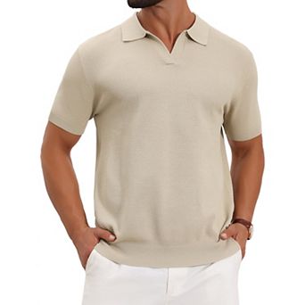 Men's Textured Knit Polo Shirt V Neck Short Sleeve Casual Golf Polo Shirt