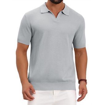 Men's Textured Knit Polo Shirt V Neck Short Sleeve Casual Golf Polo Shirt