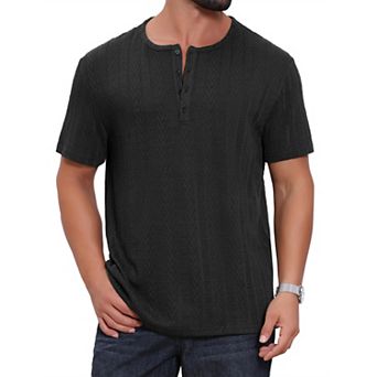 Men's Henley Shirt Short Sleeve Button Down Jacquard Texture Knitted T-Shirts
