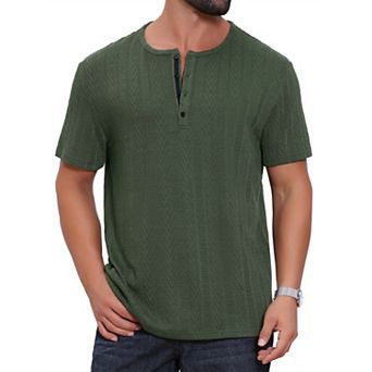 Men's Henley Shirt Short Sleeve Button Down Jacquard Texture Knitted T-Shirts