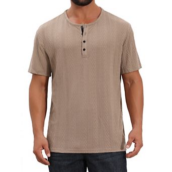 Men's Henley Shirt Short Sleeve Button Down Jacquard Texture Knitted T-Shirts
