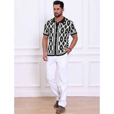 Men's Argyle Polo Shirt Casual Short Sleeve Button Down Plaid Knitted Shirts
