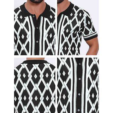 Men's Argyle Polo Shirt Casual Short Sleeve Button Down Plaid Knitted Shirts