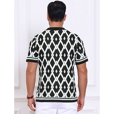 Men's Argyle Polo Shirt Casual Short Sleeve Button Down Plaid Knitted Shirts