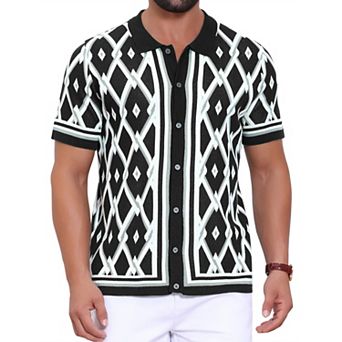 Men's Argyle Polo Shirt Casual Short Sleeve Button Down Plaid Knitted Shirts