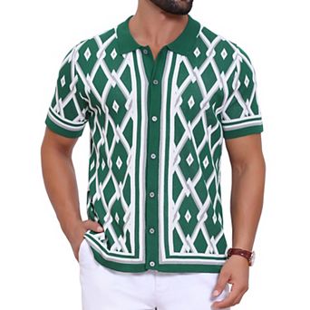 Men's Argyle Polo Shirt Casual Short Sleeve Button Down Plaid Knitted Shirts