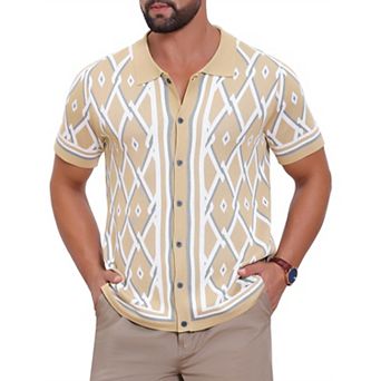 Men's Argyle Polo Shirt Casual Short Sleeve Button Down Plaid Knitted Shirts