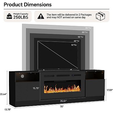 Fancihabor 70-in Entertainment Center with 36-in Electric Fireplace 12 LED Colors Black