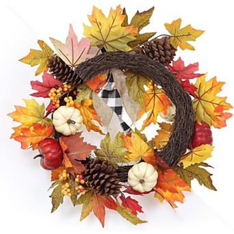 Autumn Wreath with Maple Leaves & White Pumpkin Farmhouse Plaid Ribbon for Indoor Outdoor Decor