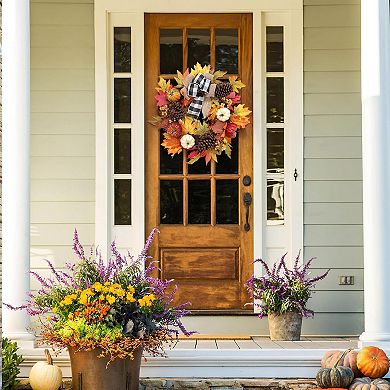 Autumn Wreath with Maple Leaves & White Pumpkin Farmhouse Plaid Ribbon for Indoor Outdoor Decor