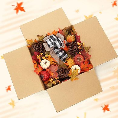 Autumn Wreath with Maple Leaves & White Pumpkin Farmhouse Plaid Ribbon for Indoor Outdoor Decor