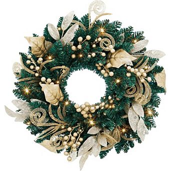 18Inch Gold Pre-Lit Christmas Wreath with LED Lights Battery Operated Door Decoration