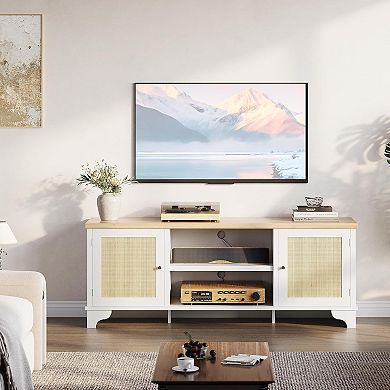 70" Rattan TV Stand, 2 Cabinets & Open Shelf, Boho Media Console