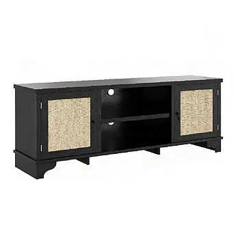 70" Rattan TV Stand, 2 Cabinets & Open Shelf, Boho Media Console