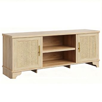 70" Rattan TV Stand, 2 Cabinets & Open Shelf, Boho Media Console