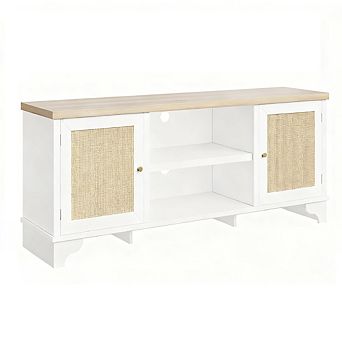 70" Rattan TV Stand, 2 Cabinets & Open Shelf, Boho Media Console
