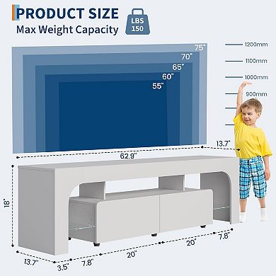 63" Modern LED TV Stand with 2 Drawers, Open Shelf & 16-Color Remote Lights