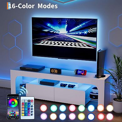 63" Modern LED TV Stand with 2 Drawers, Open Shelf & 16-Color Remote Lights