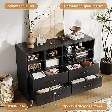Wooden Dresser Bedroom Storage Cabinet Open Shelving,TV Stand for Apartments, Living Room, Entryway