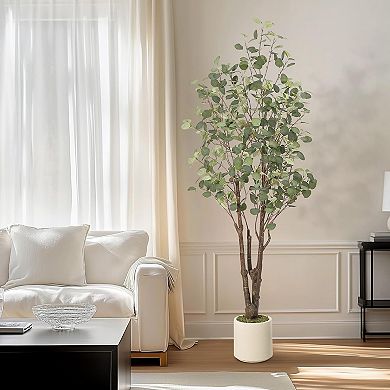 Indoor Artificial Eucalyptus Tree - Realistic Potted Plant with White Planter for Home Office Decor