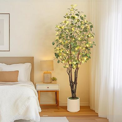 Indoor Artificial Eucalyptus Tree - Realistic Potted Plant with White Planter for Home Office Decor