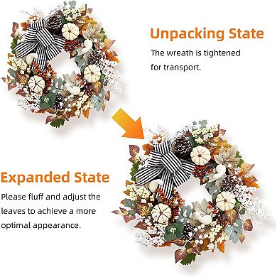 Autumn Maple Leaf Wreath with Stripe Bow Farmhouse Pumpkin Harvest Decor for Indoor Outdoor Porch