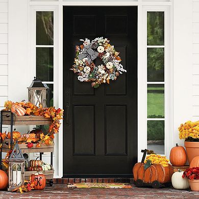 Autumn Maple Leaf Wreath with Stripe Bow Farmhouse Pumpkin Harvest Decor for Indoor Outdoor Porch