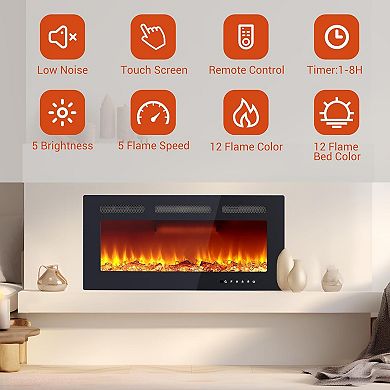 36 Inch Wall Fireplace, 12 Colors, 750/1500W Heater, Remote, Bedroom Friendly