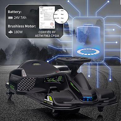 24V Kids Electric Drift Go Kart, Ride On Car w/Variable Speed up to 7.5MPH, Music, LED Lights
