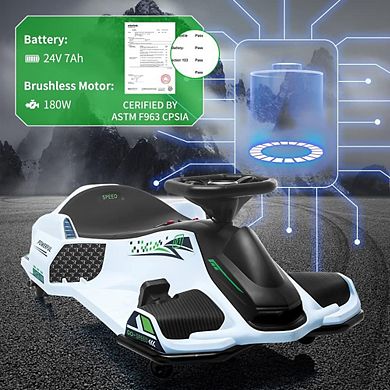 24V Kids Electric Drift Go Kart, Ride On Car w/Variable Speed up to 7.5MPH, Music, LED Lights