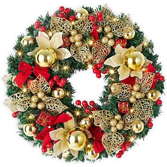 18Inch Red Gold Pre-Lit Christmas Wreath with LED Lights Balls Berries Bow Door Decor