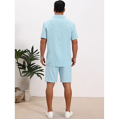 Men's 2 Pieces Sets Beach Short Sleeve Shirt & Shorts Striped Textured Outfits