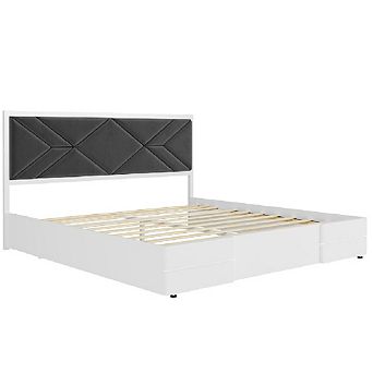 Upholstered Bed Frame w/ Fabric Headboard, Wooden Platform with Sturdy Slats, No Box Spring Needed