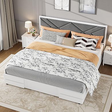 Upholstered Bed Frame w/ Fabric Headboard, Wooden Platform with Sturdy Slats, No Box Spring Needed