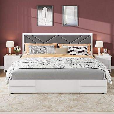 Upholstered Bed Frame w/ Fabric Headboard, Wooden Platform with Sturdy Slats, No Box Spring Needed