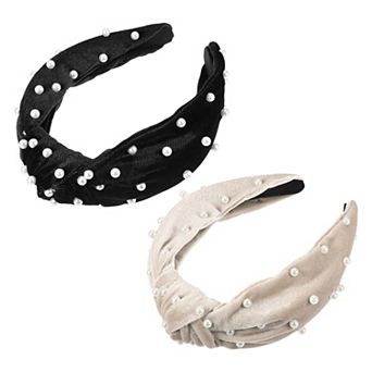 2 pc Faux Pearl Velvet Knotted Headband Classic Casual Style for Women 1.38"