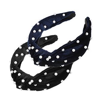 2 pc Faux Pearl Velvet Knotted Headband Classic Casual Style for Women 1.38"