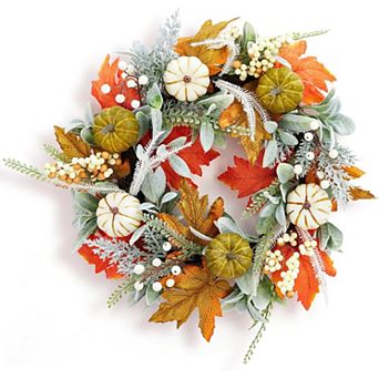 Autumn Pumpkin Wreath with Lamb's Ear Fall Harvest Decor for Wall, Window and Porch Display