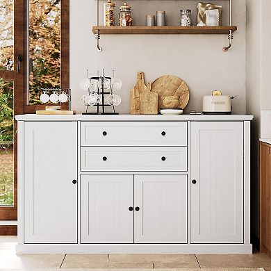 58" Farmhouse Buffet Cabinet, Sideboard Buffet Storage Cabinet with 2 Drawers & 4 Grooved Barn Doors