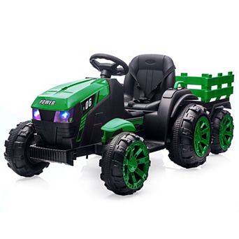 12V Kids Ride On Tractor w/Remote, 7Ah Battery, Dual 35W Motors, Detachable Trailer, LED Lights