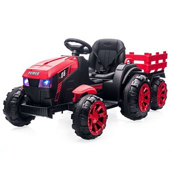 12V Kids Ride On Tractor w/Remote, 7Ah Battery, Dual 35W Motors, Detachable Trailer, LED Lights
