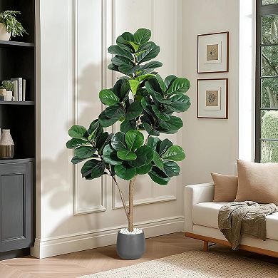 Faux Fiddle Leaf Fig Tree in White Pot - 7.8" Realistic Artificial Plant for Home Office Decor