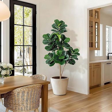 Faux Fiddle Leaf Fig Tree in White Pot - 7.8" Realistic Artificial Plant for Home Office Decor