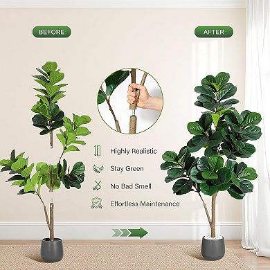 Faux Fiddle Leaf Fig Tree in White Pot - 7.8" Realistic Artificial Plant for Home Office Decor