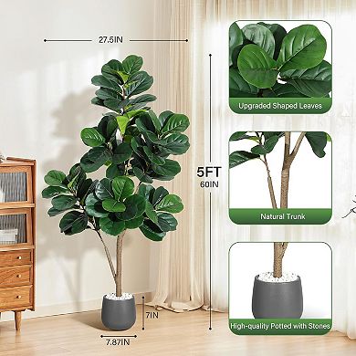 Faux Fiddle Leaf Fig Tree in White Pot - 7.8" Realistic Artificial Plant for Home Office Decor