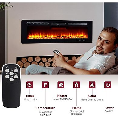 60 Inch Slim Wall Fireplace, Remote, Adjustable Flame, Timer, Log, Crystal